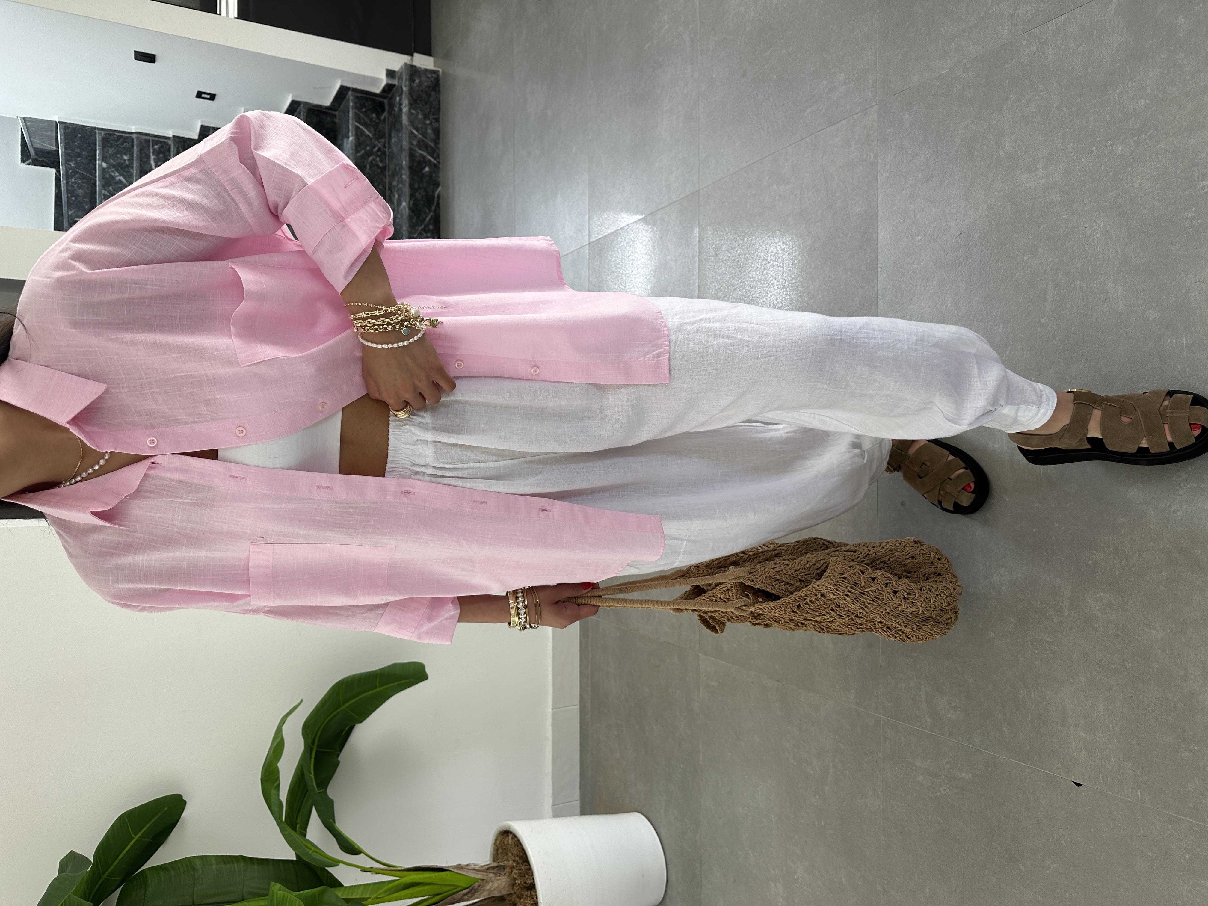 Toz Pembe Flamlı Keten Çift Cep Oversize Gömlek