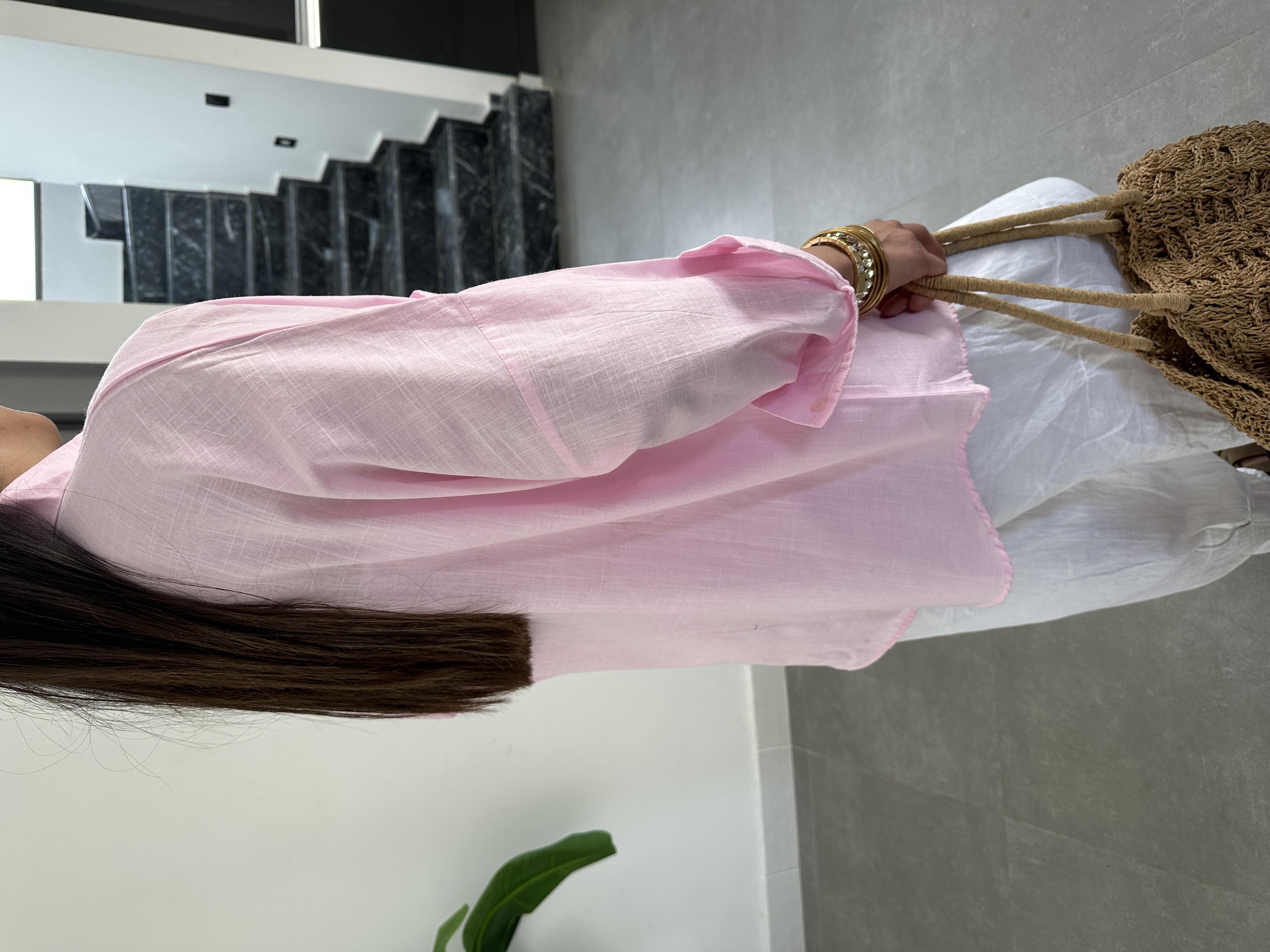 Toz Pembe Flamlı Keten Çift Cep Oversize Gömlek