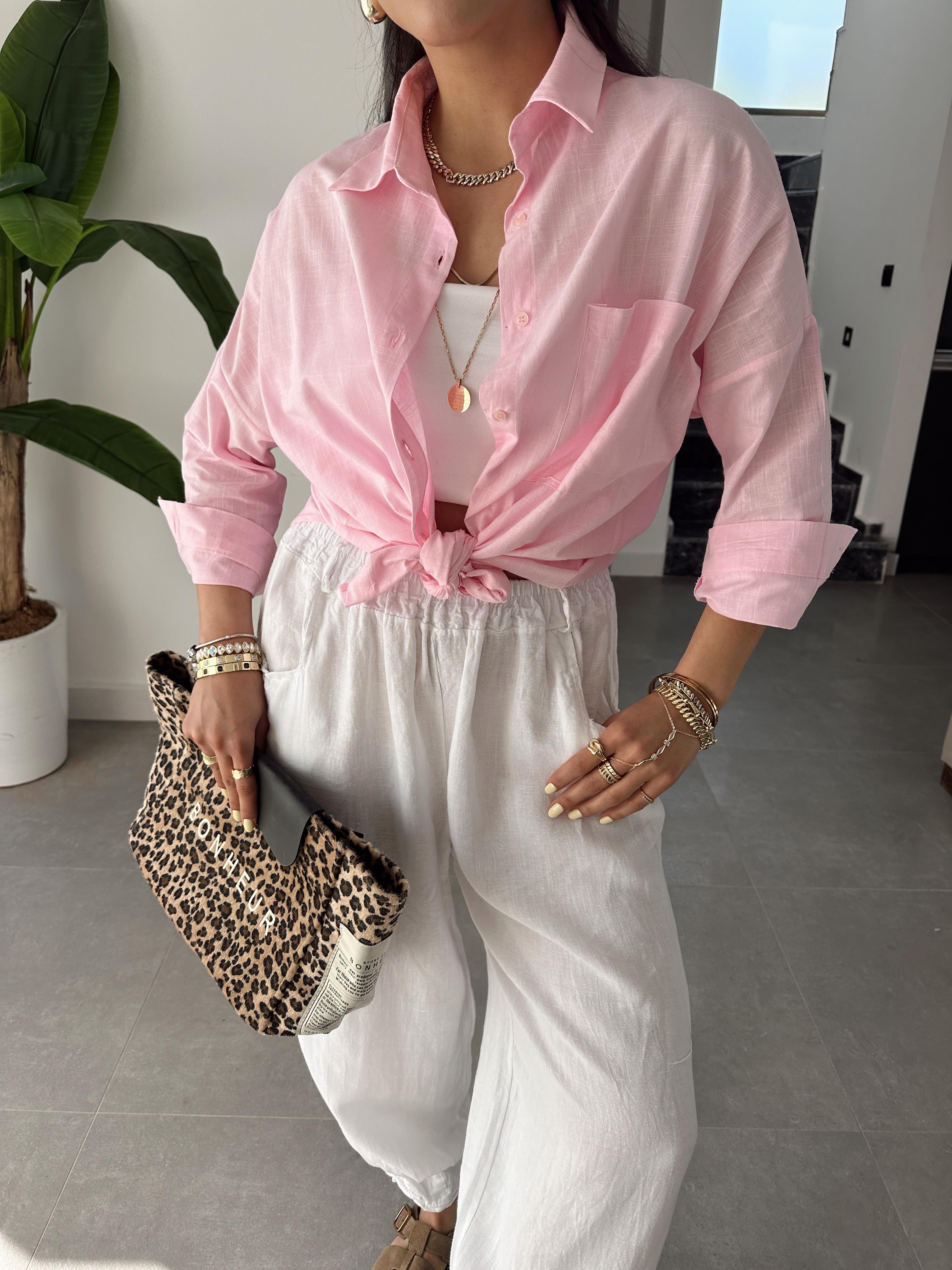 Toz Pembe Flamlı Keten Tek Cep Oversize Gömlek