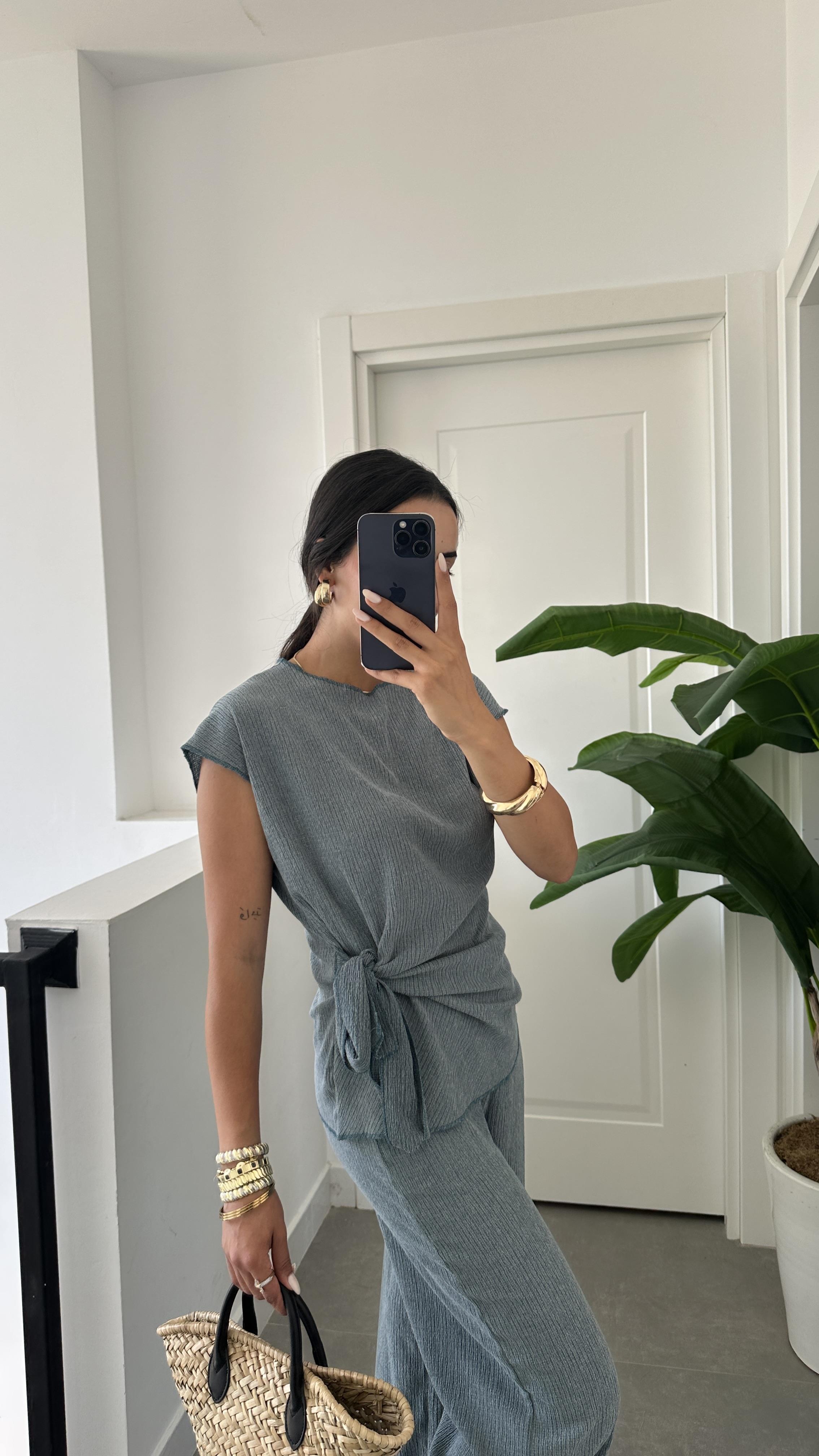 Turkuaz Bağlama Detaylı Bluz Pantolon Takım