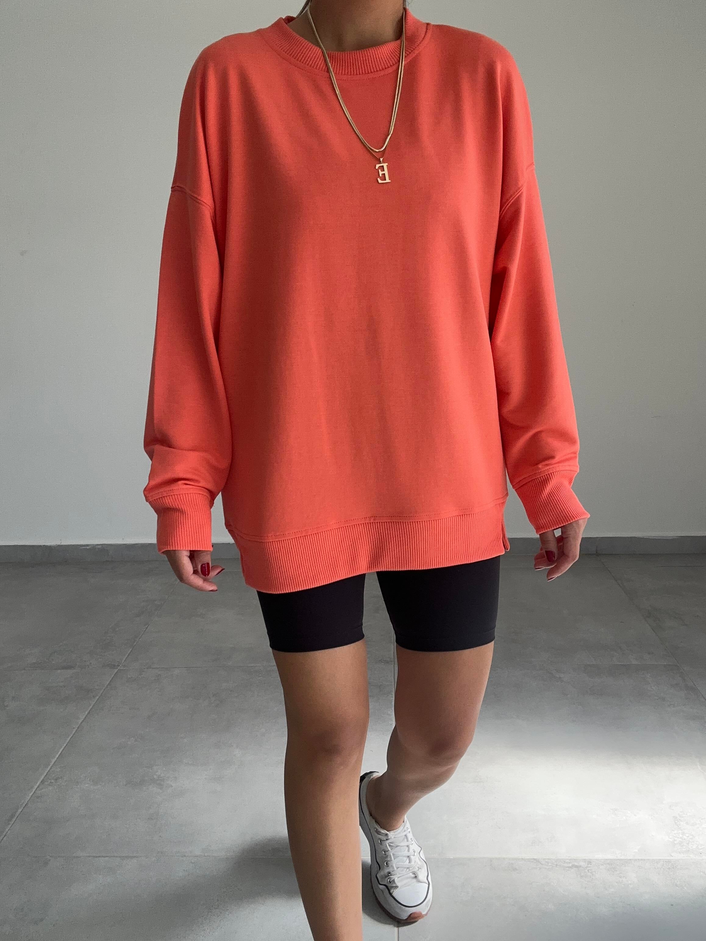 Turuncu  Rezerve Yanları Yırtmaç Detaylı Sweat