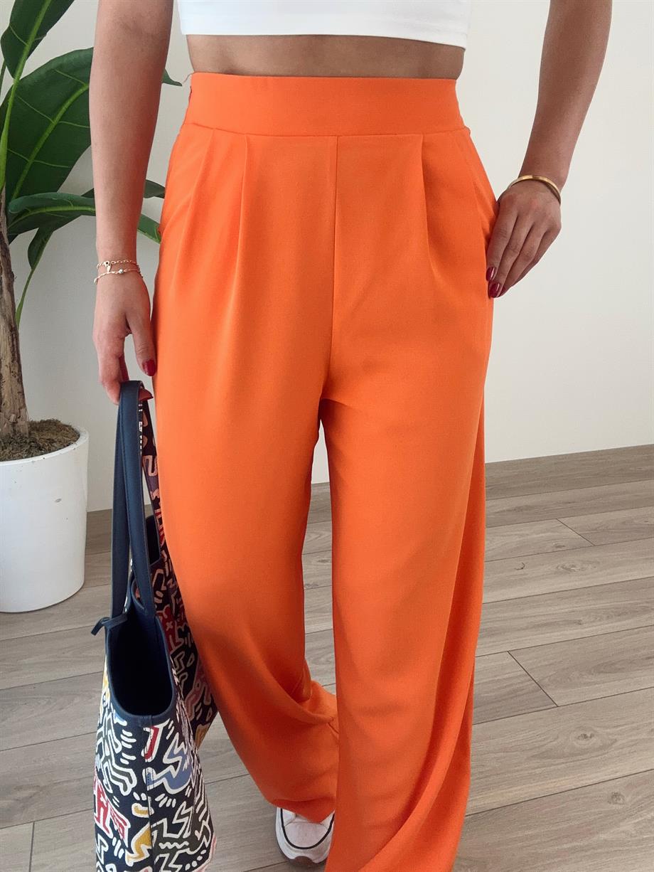 Turuncu Yandan Fermuarlı Pileli Palazzo