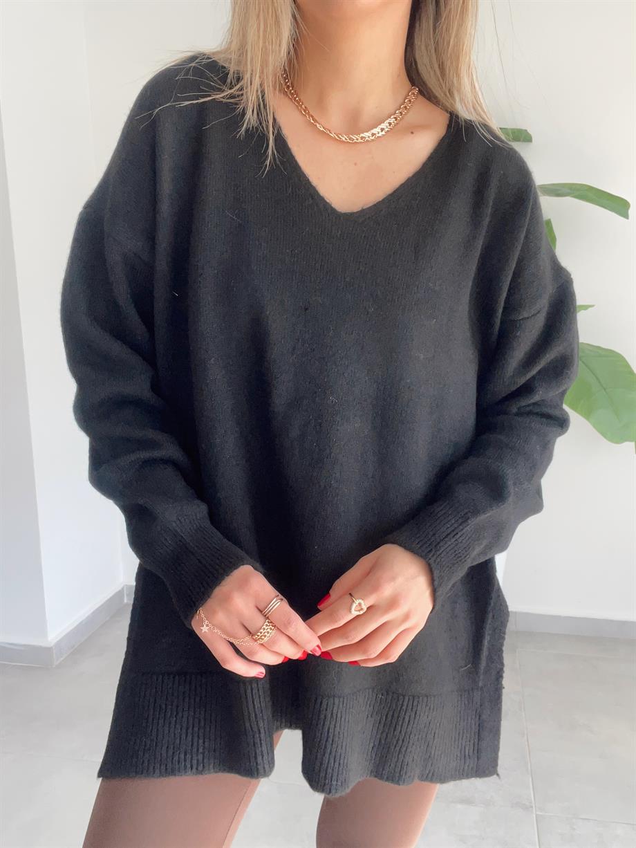 V Yaka Siyah Triko Kazak