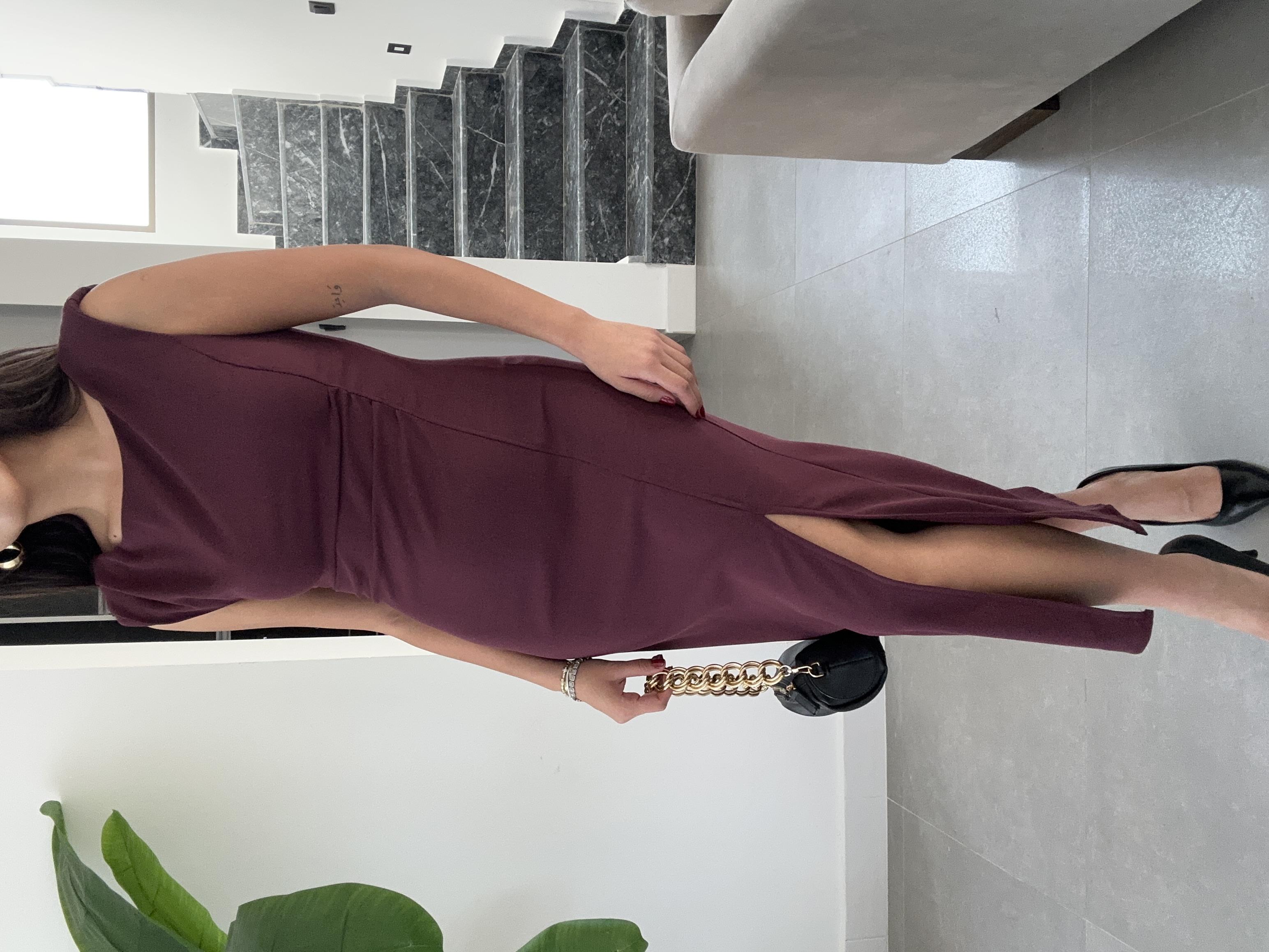 Vatkalı Yırtmaçlı Bordo Elbise