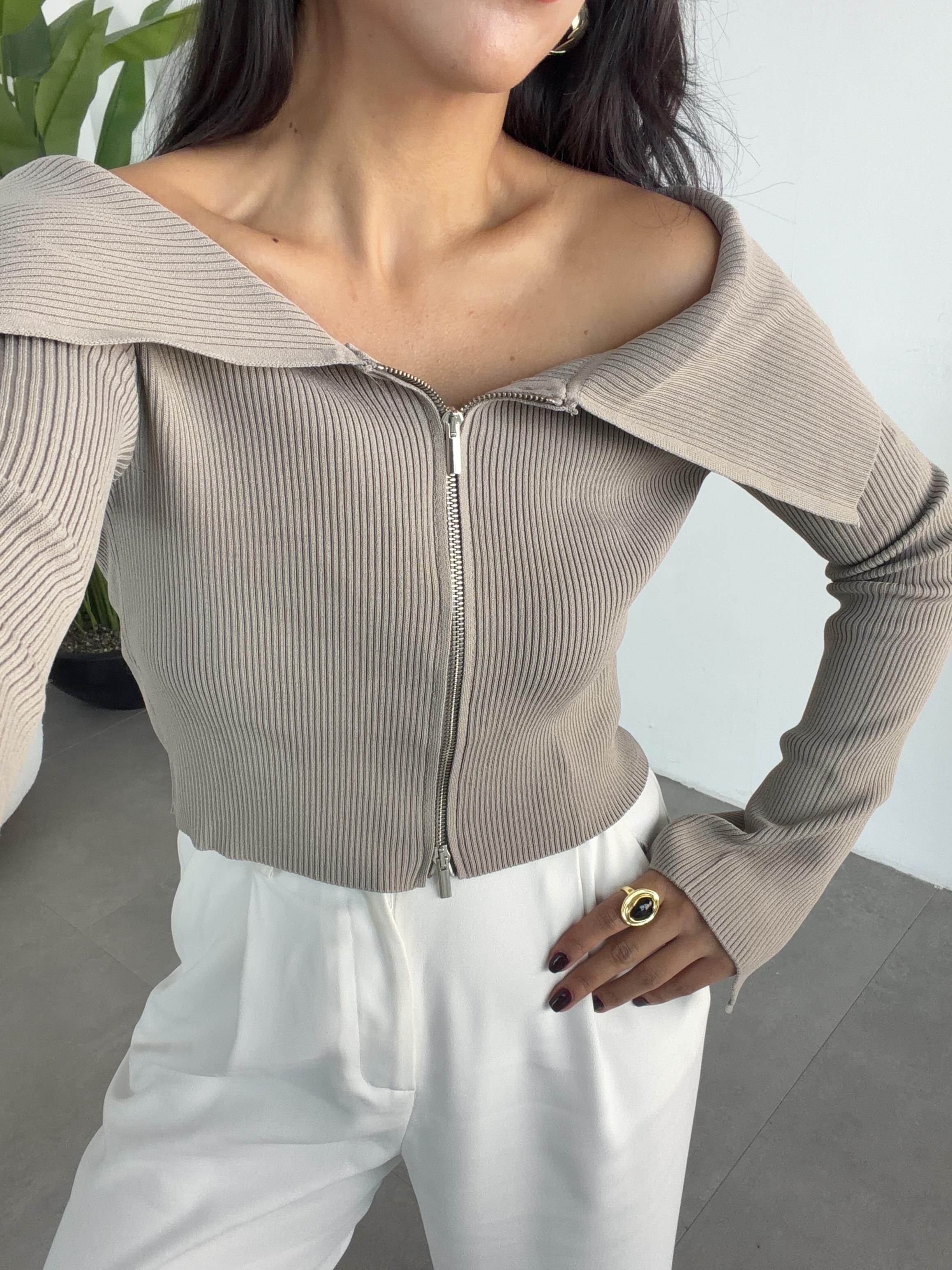 Vizon Bardot Yaka Kol Yırtmaç Detaylı Fermuarlı Triko