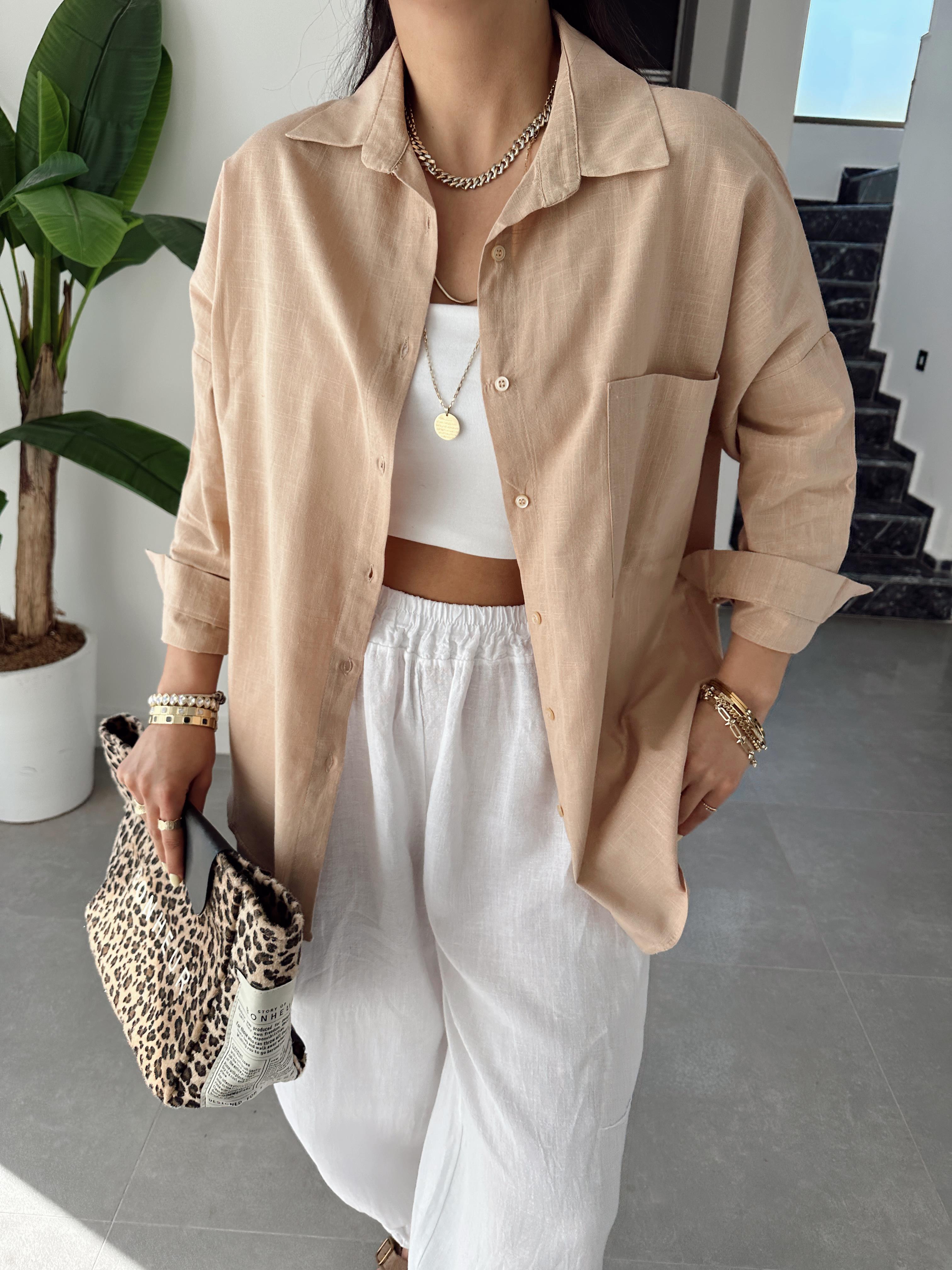 Vizon Flamlı Keten Tek Cep Oversize Gömlek