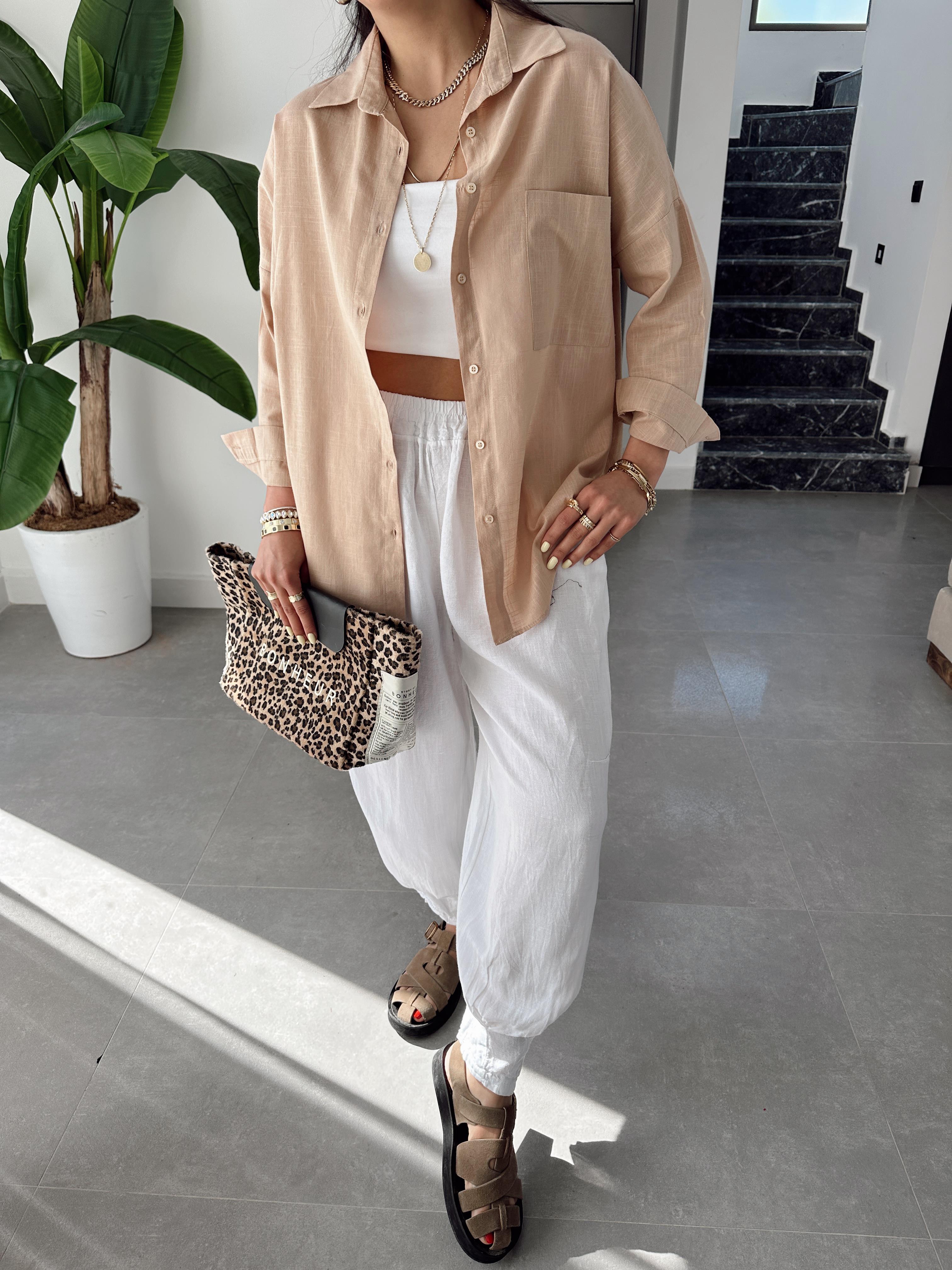 Vizon Flamlı Keten Tek Cep Oversize Gömlek