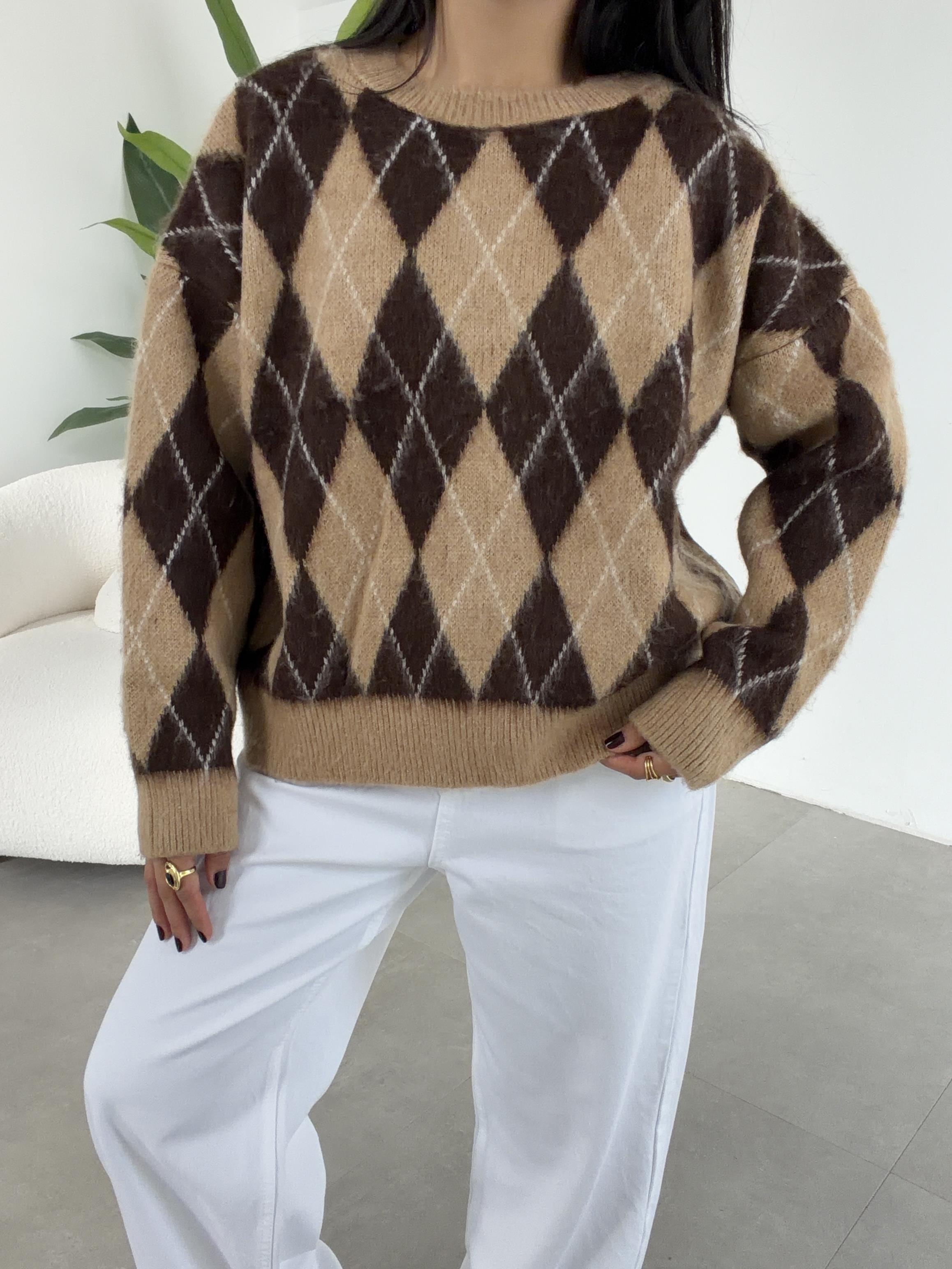 Vizon-Kahve Baklava Desen Kazak