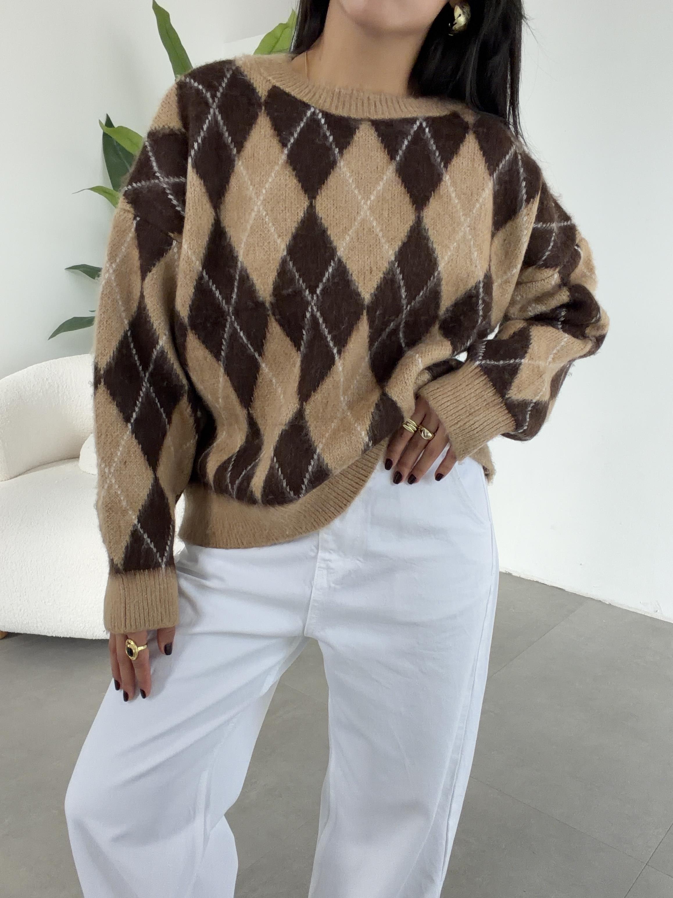 Vizon-Kahve Baklava Desen Kazak