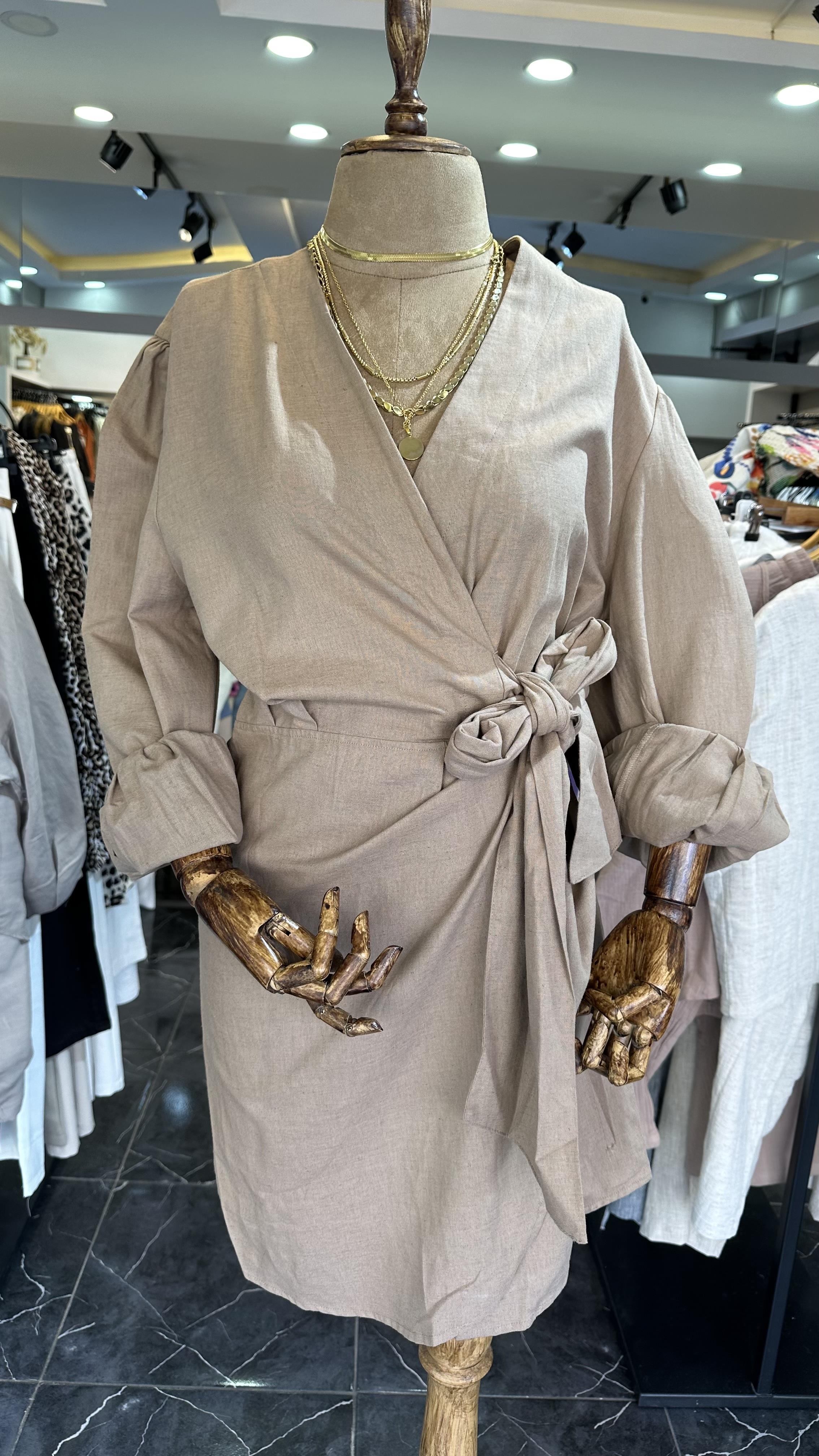 Vizon Keten Bağlamalı Elbise