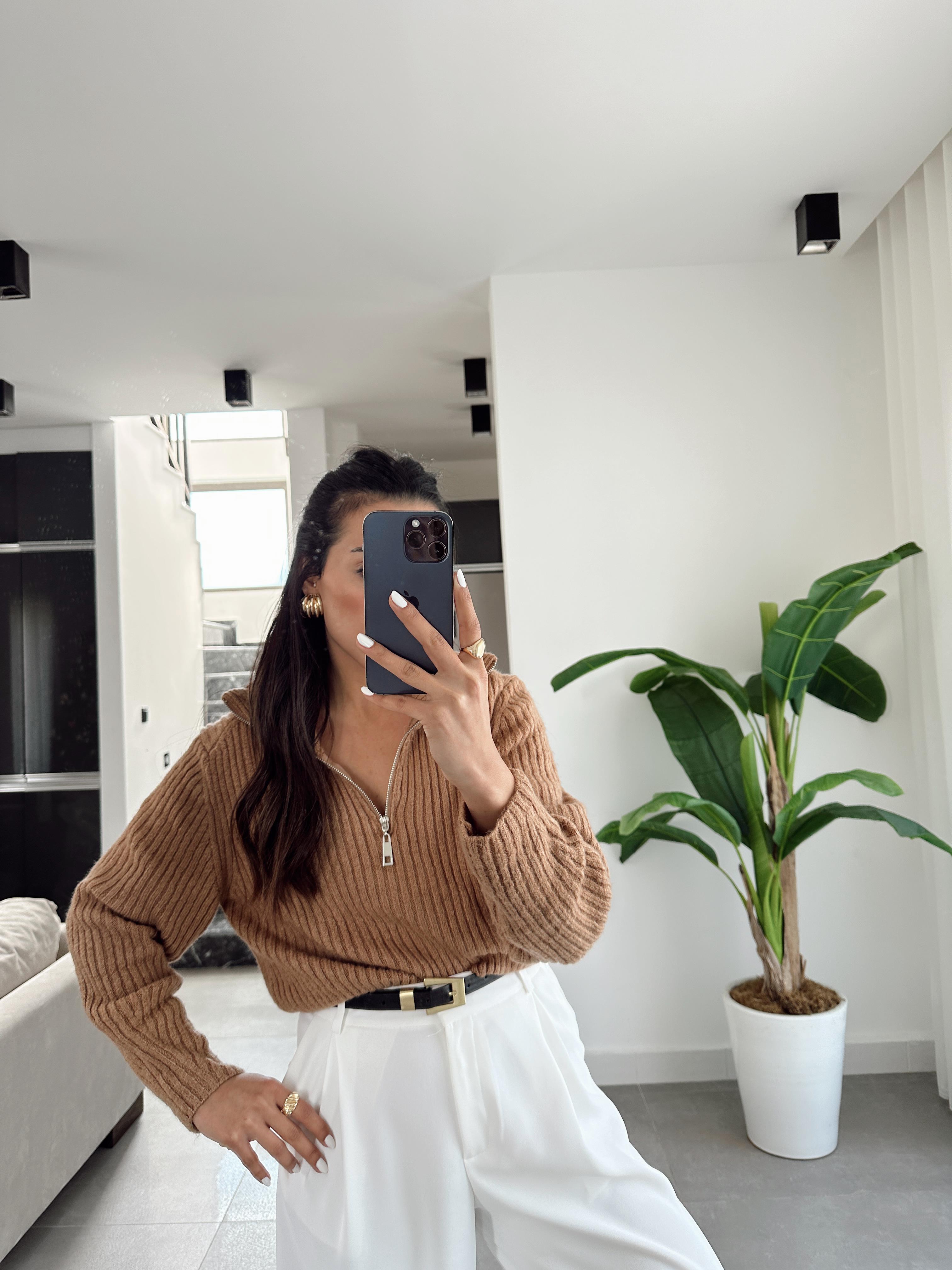 Vizon Polo Yaka Fermuarlı Triko Kazak