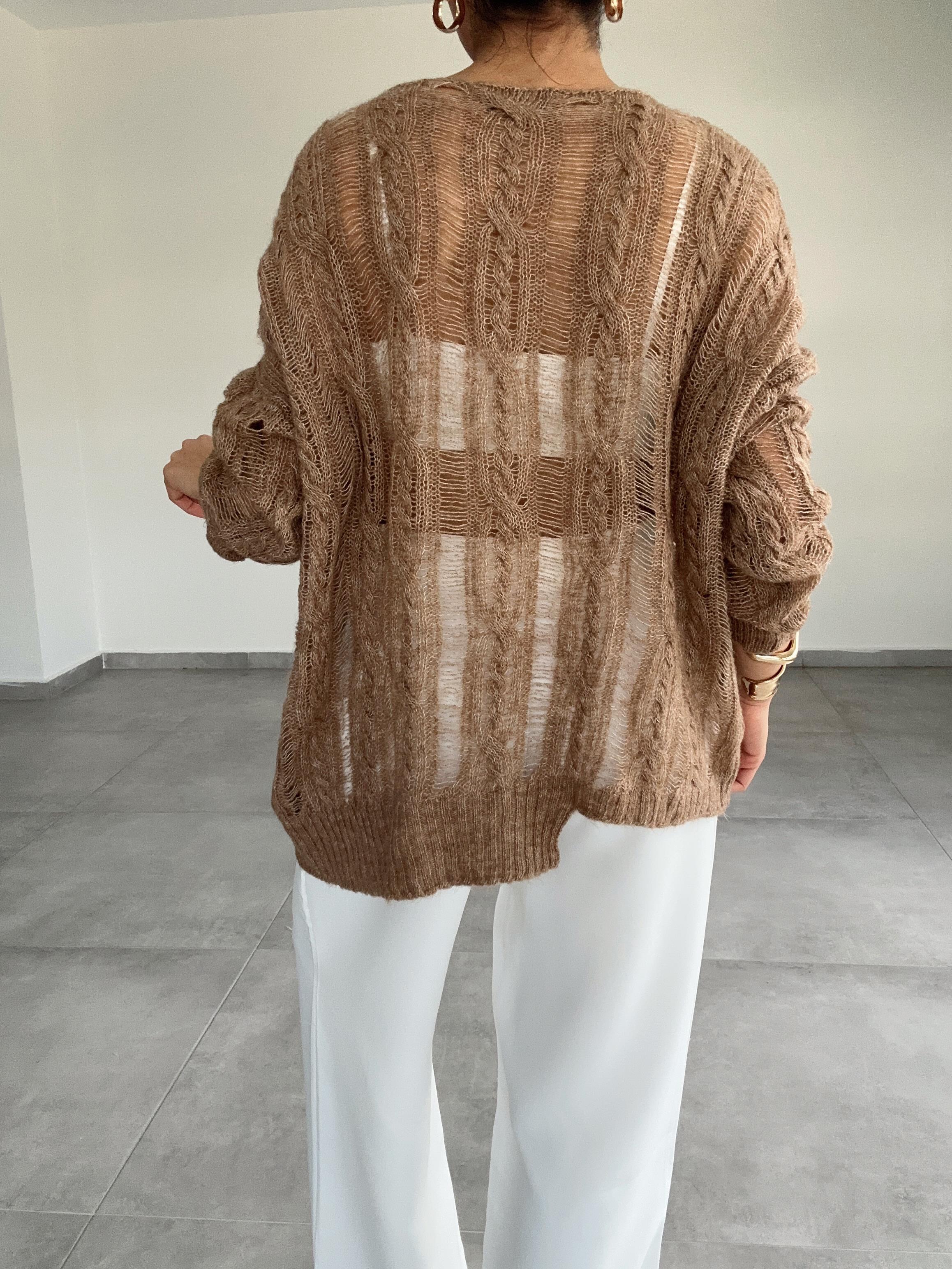 Vizon Saç Örgülü Ajurlu Kazak