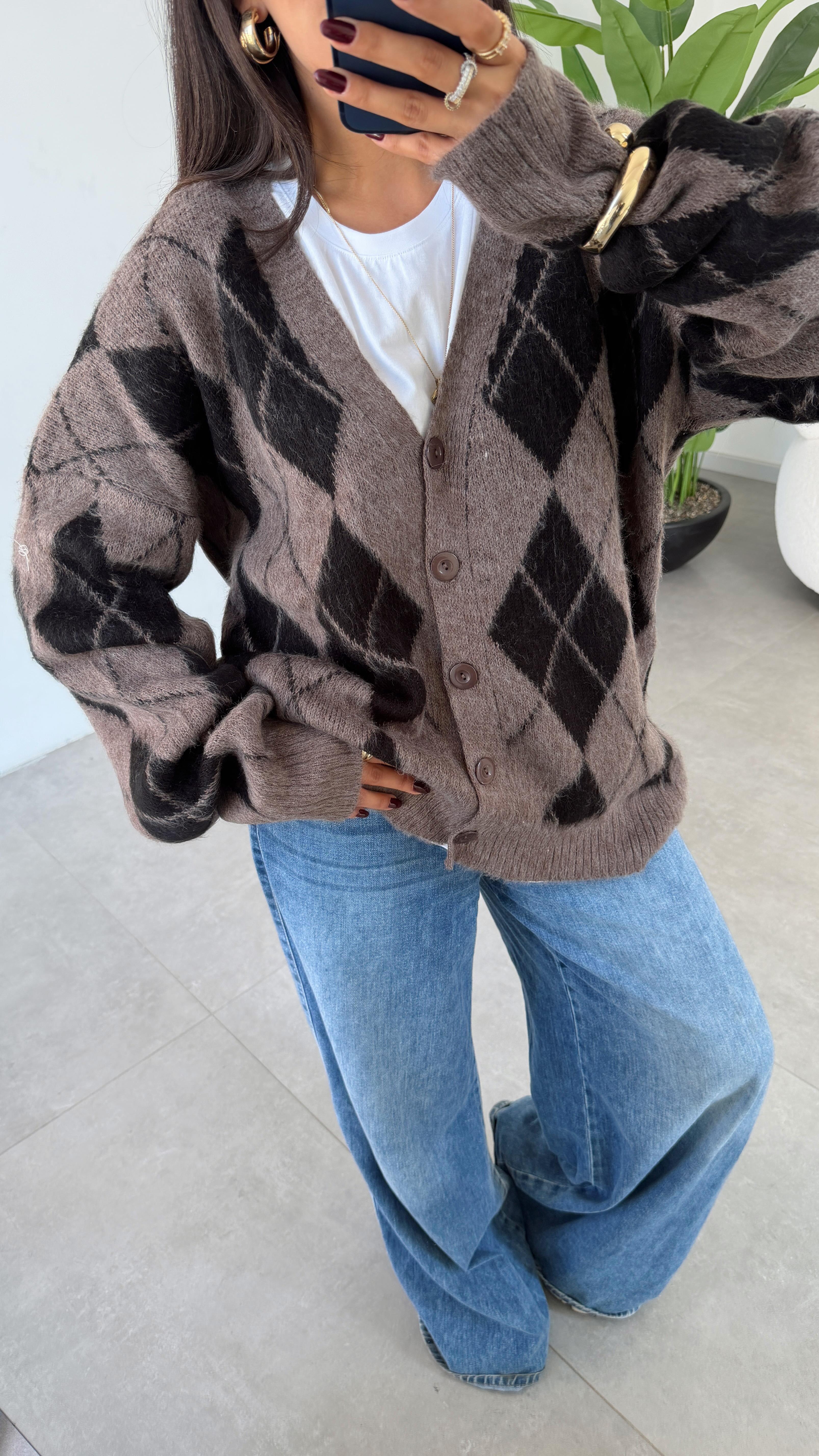 Vizon-Siyah Baklava Desenli Triko Hırka