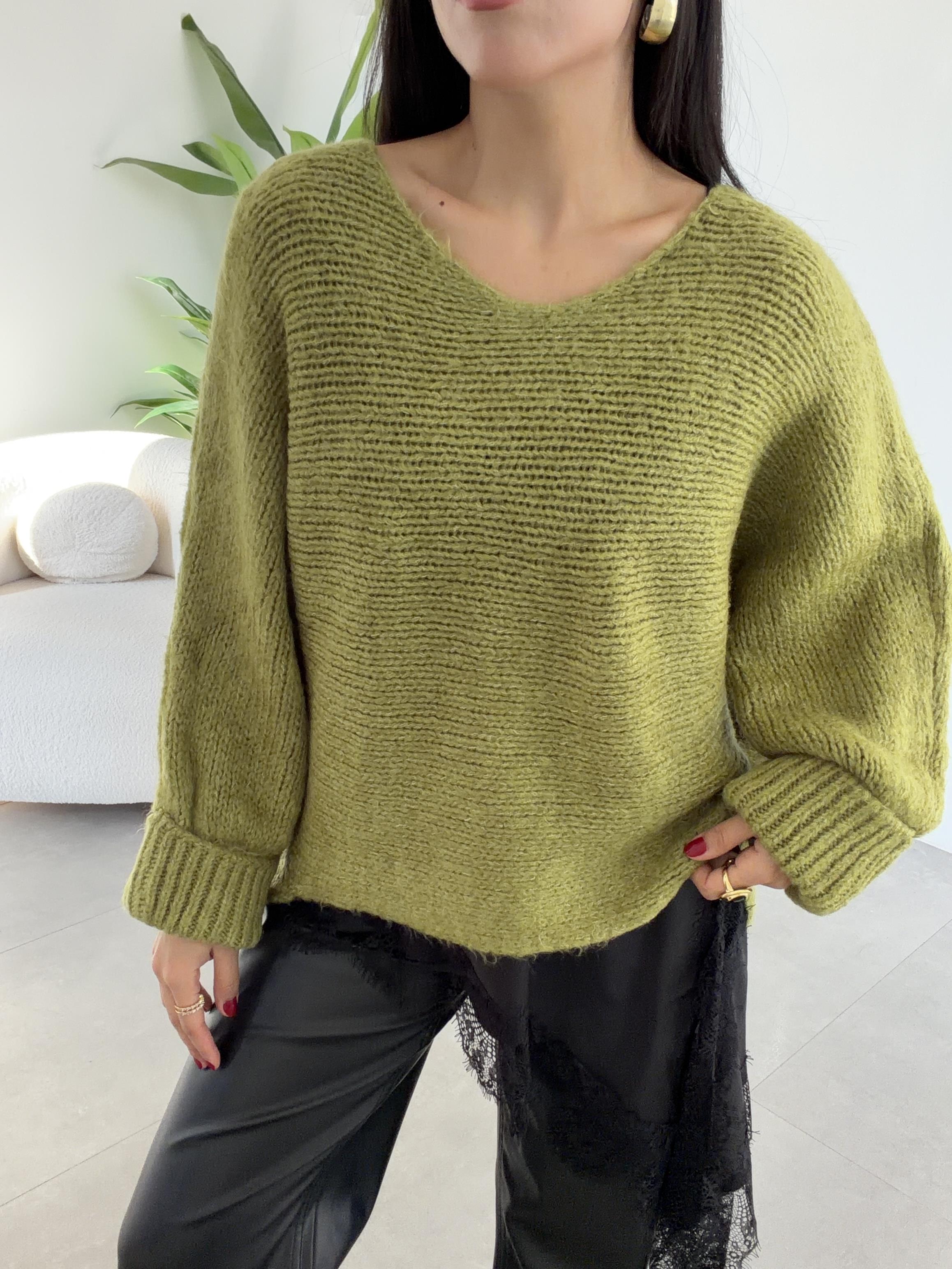 Yağ Yeşili Kolları Katlamalı Triko Kazak