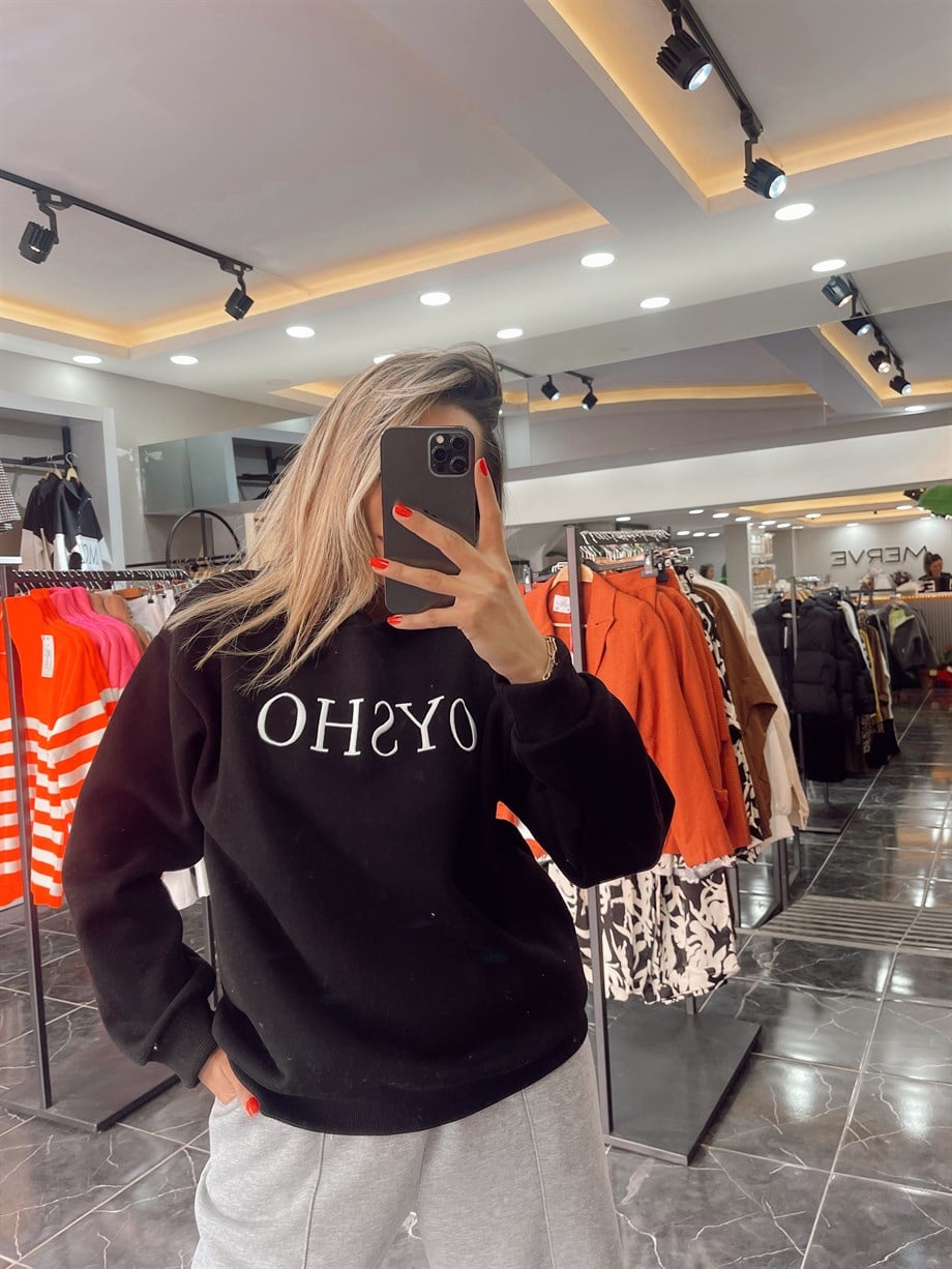 Yazılı Kapşonlu Siyah Sweatshirt