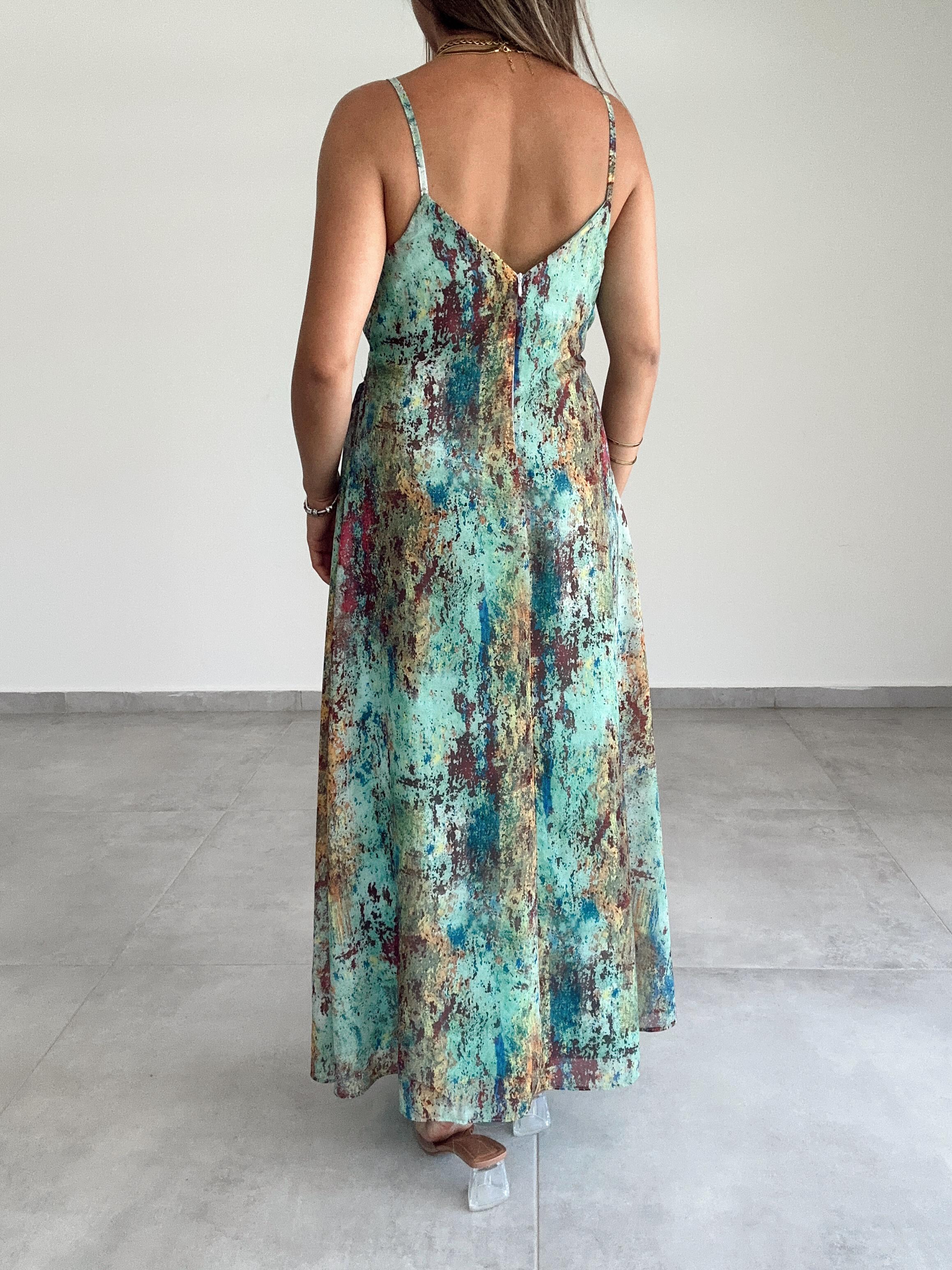 Yeşil Boncuk Aksesuarlı Askılı Elbise