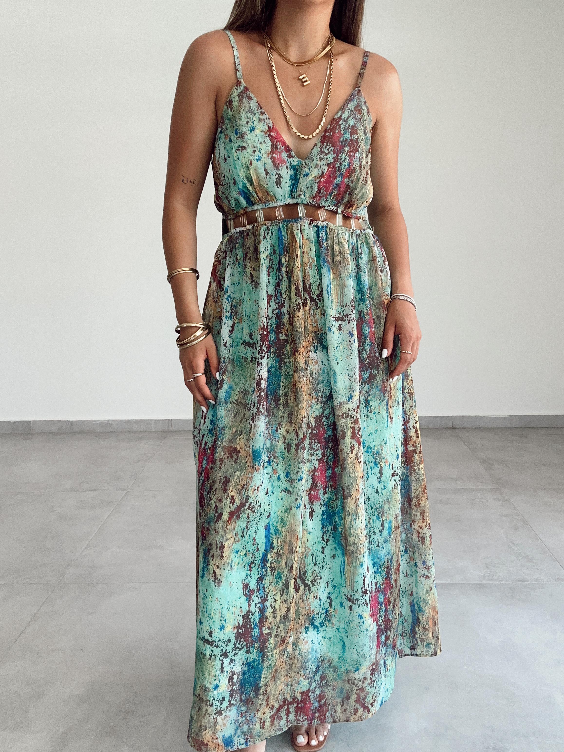 Yeşil Boncuk Aksesuarlı Askılı Elbise