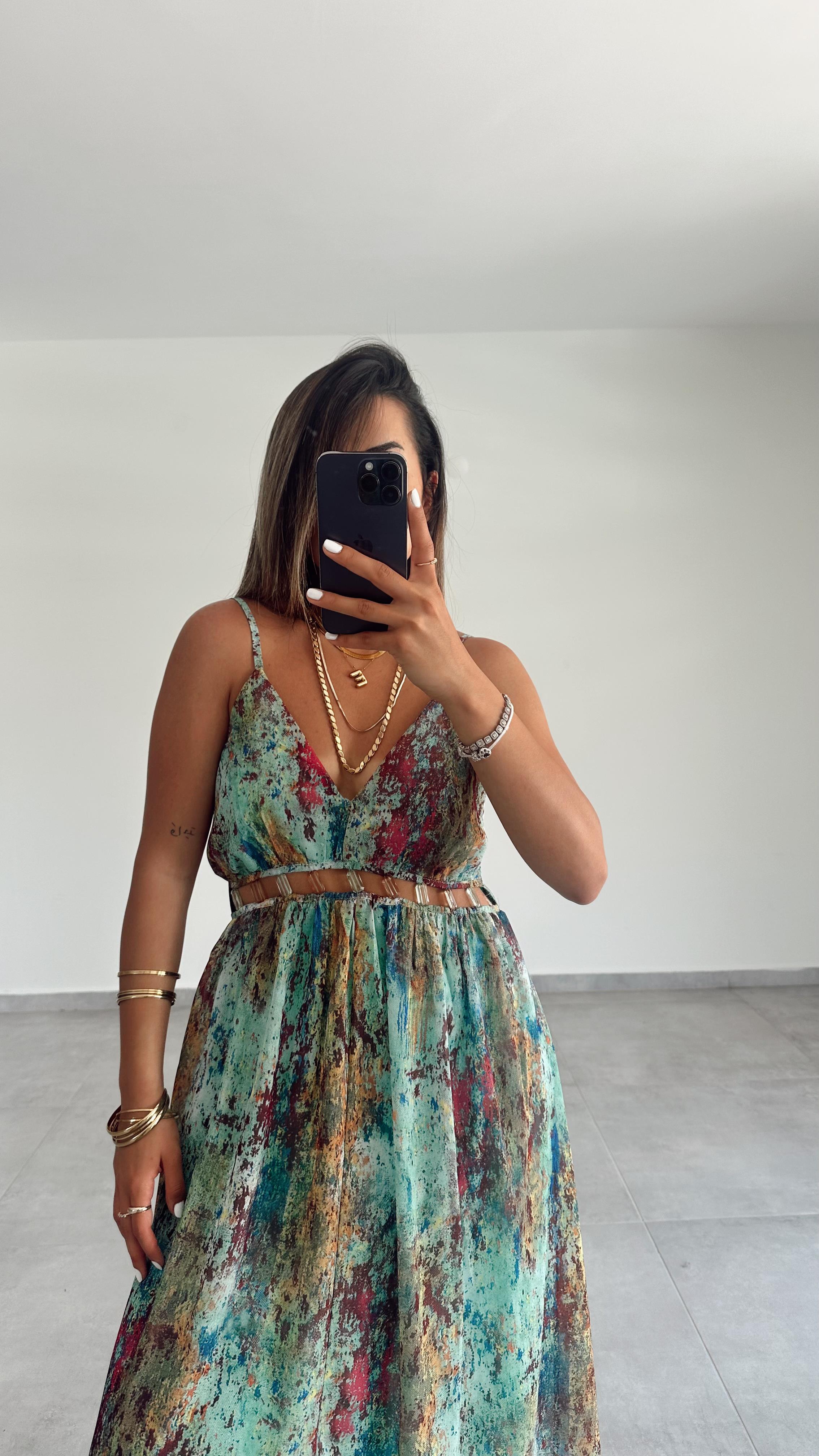 Yeşil Boncuk Aksesuarlı Askılı Elbise