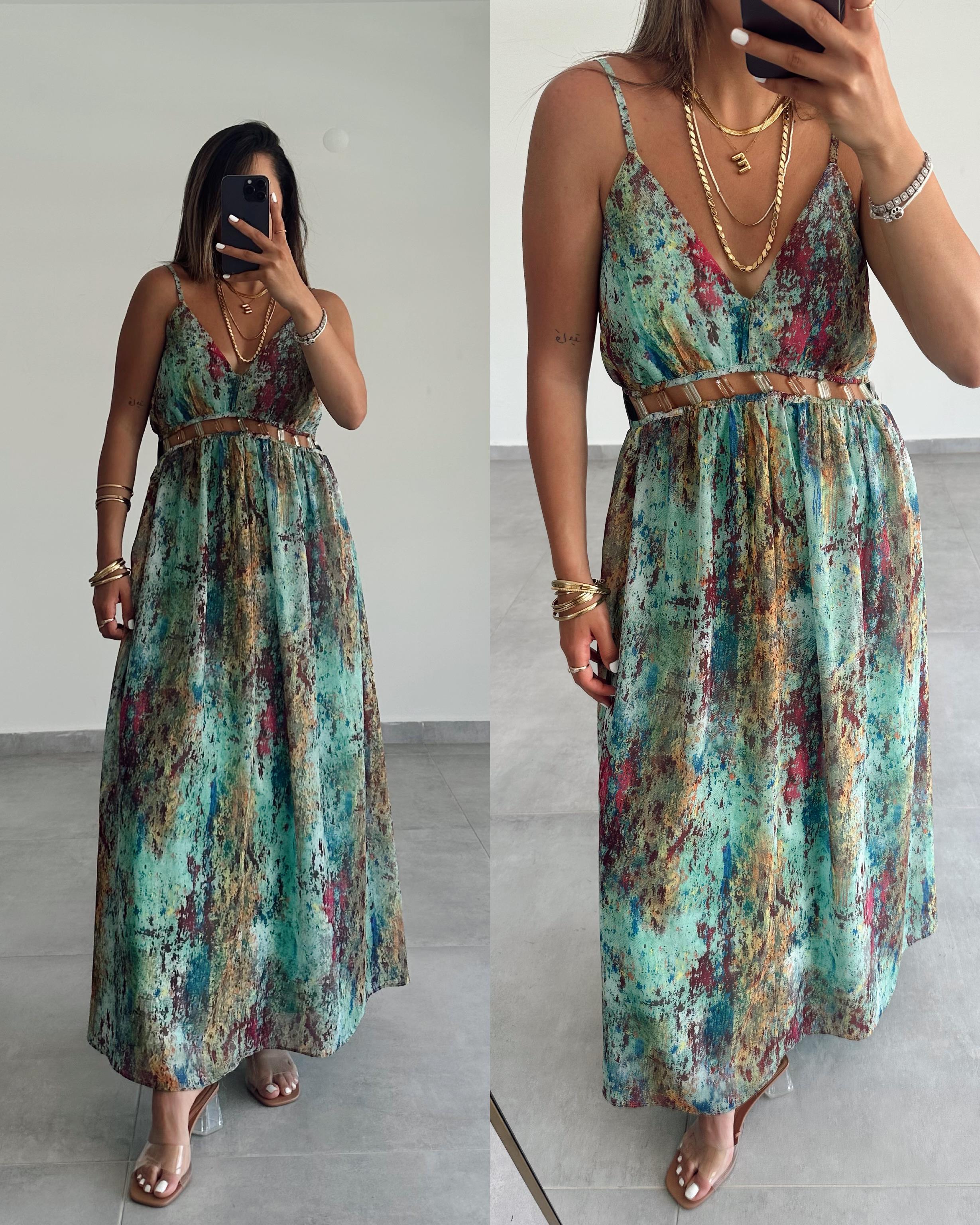 Yeşil Boncuk Aksesuarlı Askılı Elbise