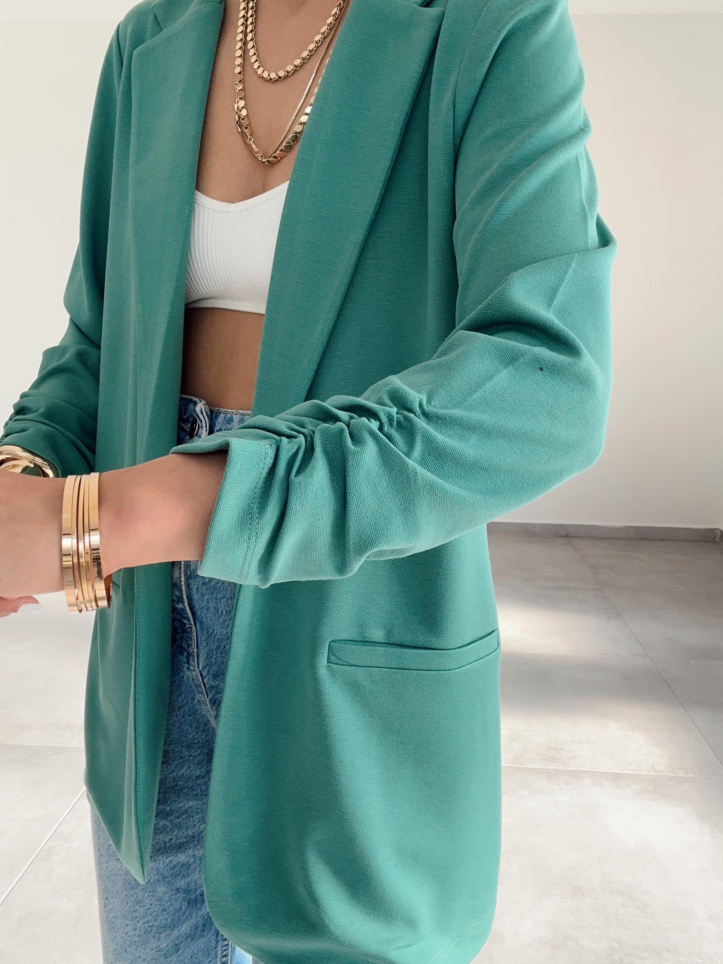Yeşil Çelik Kumaş Kol Büzgülü Blazer Ceket