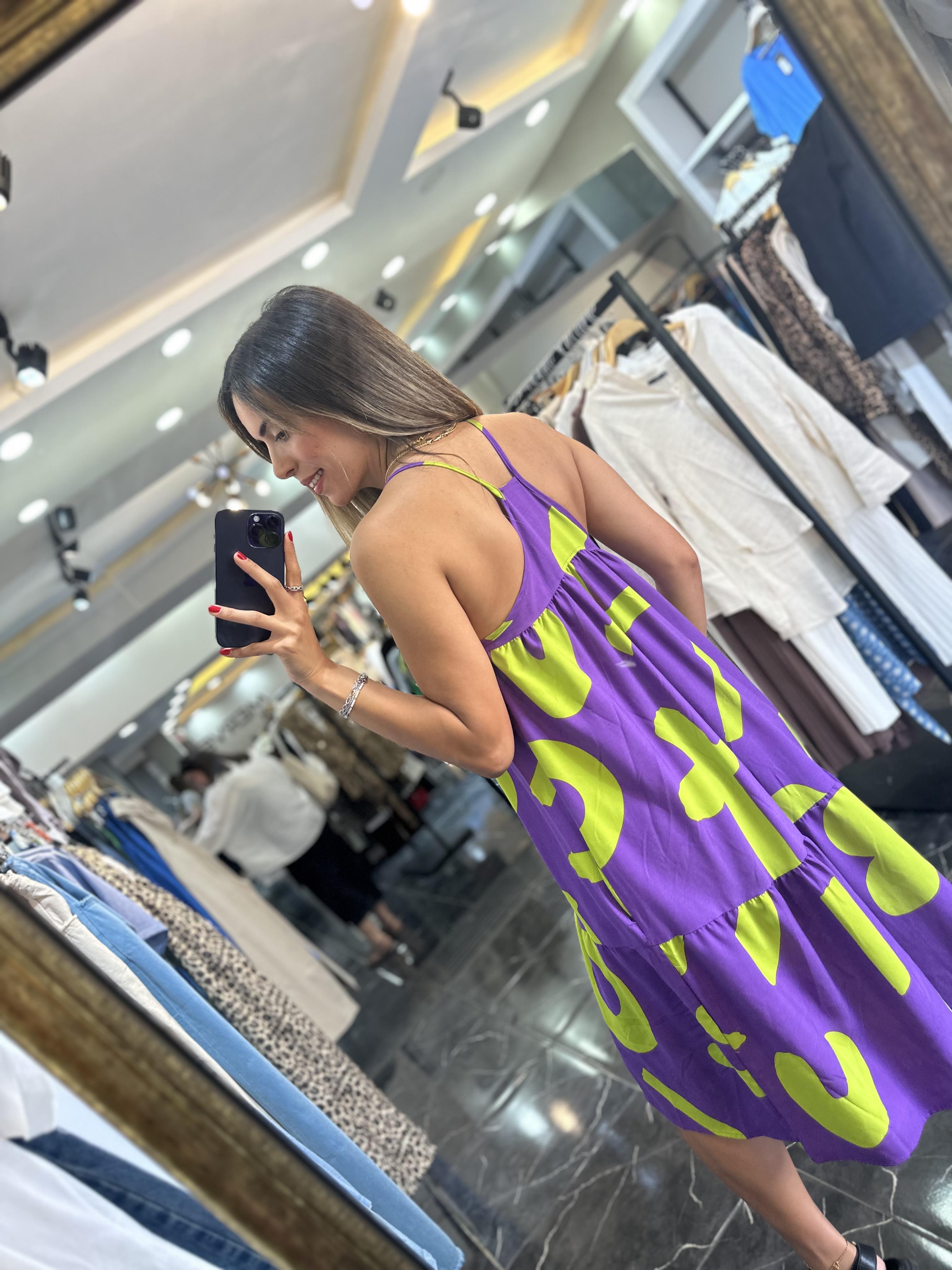 Yeşil-Mor Viskon Sırt Çapraz Kısa Elbise