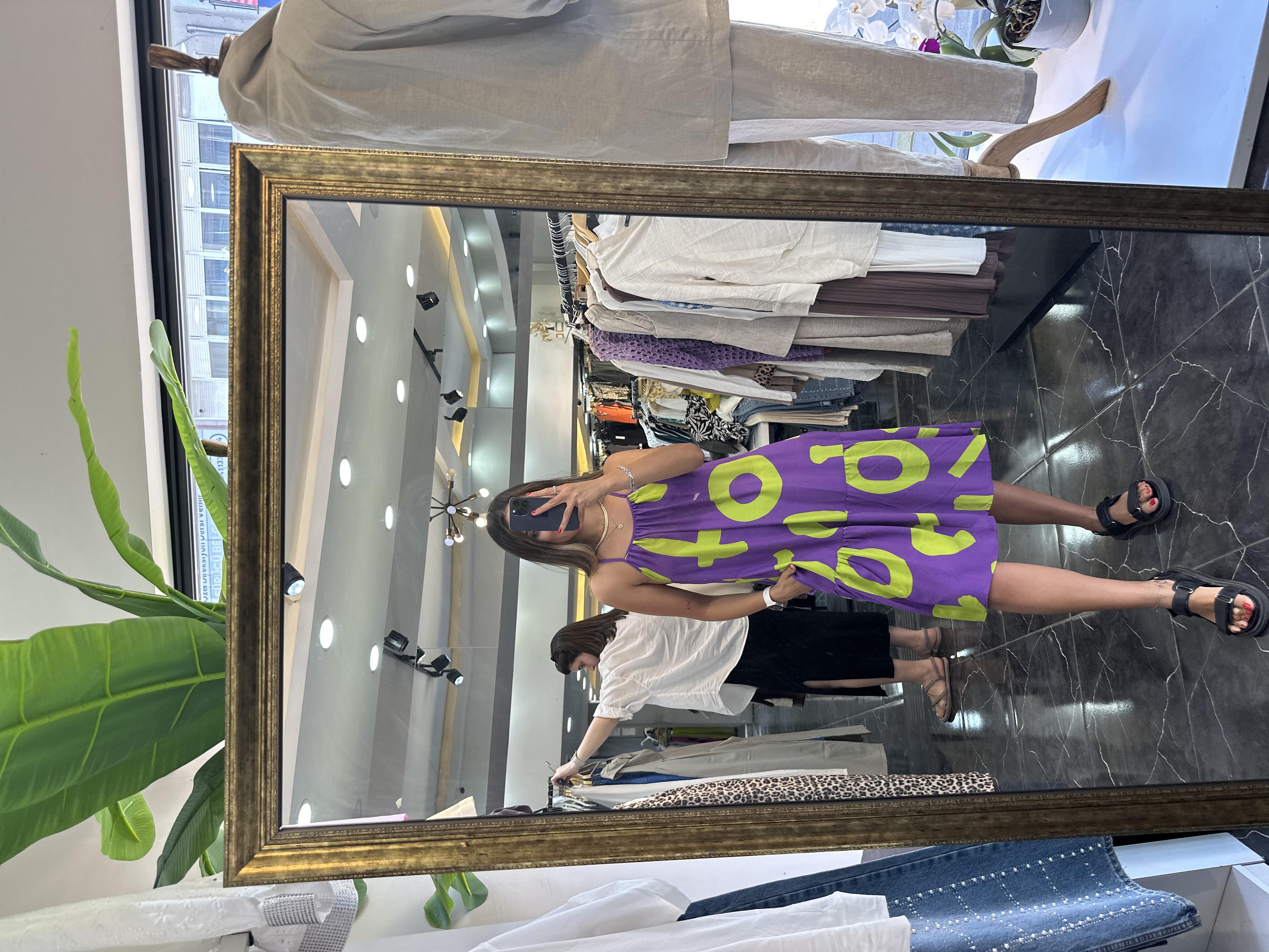 Yeşil-Mor Viskon Sırt Çapraz Kısa Elbise