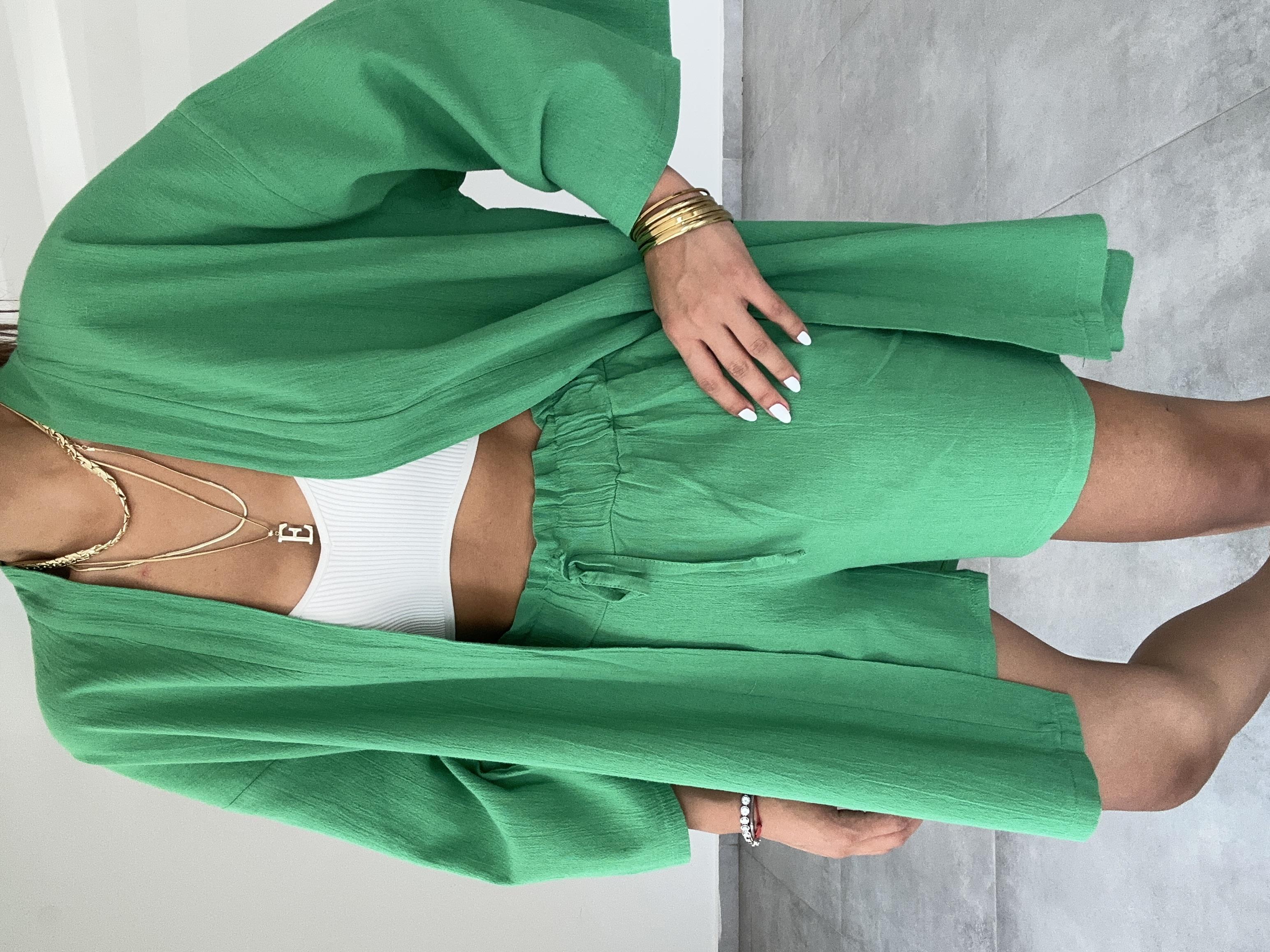 Yeşil Şile Şortlu Kimono Takım