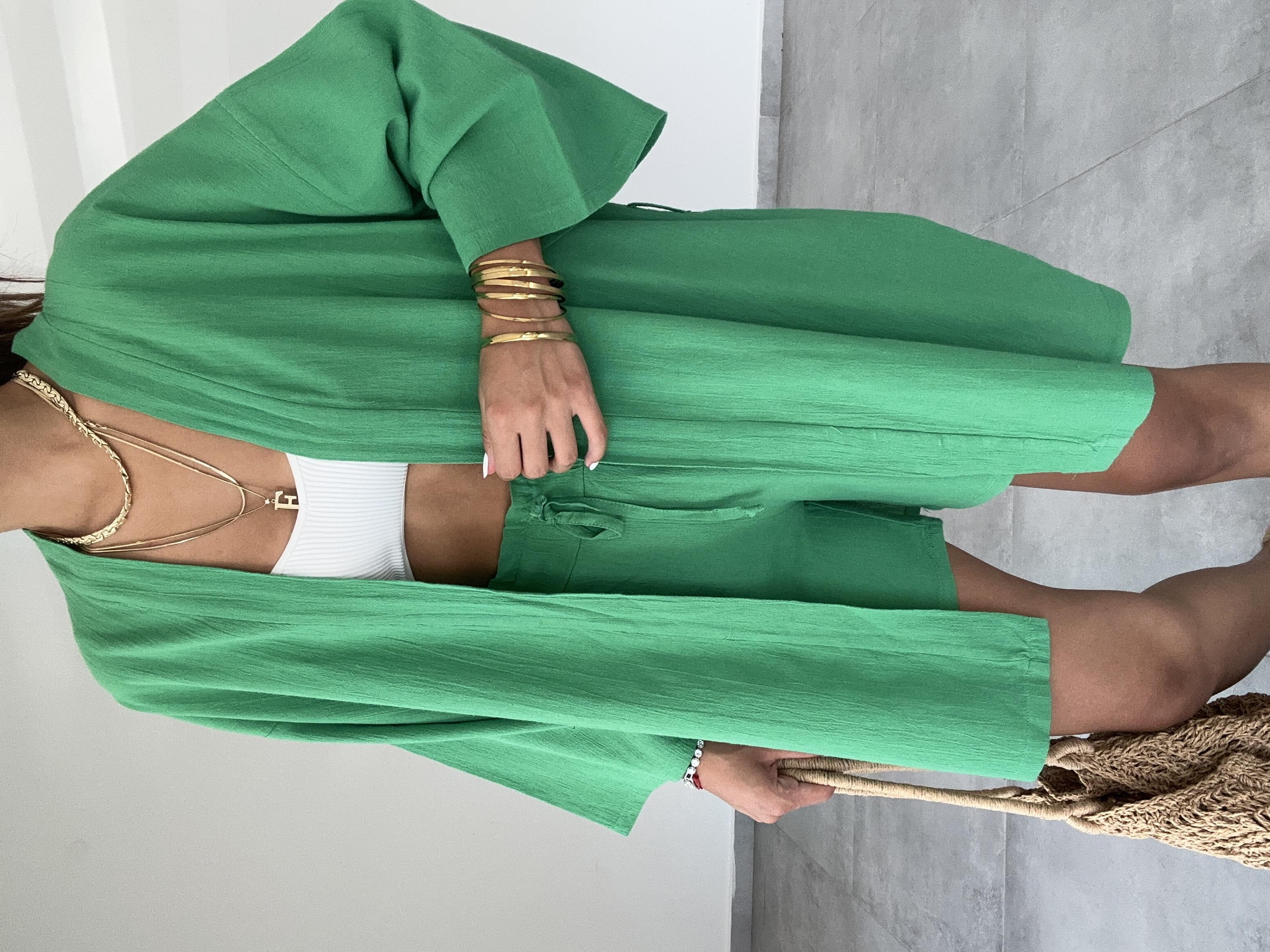 Yeşil Şile Şortlu Kimono Takım