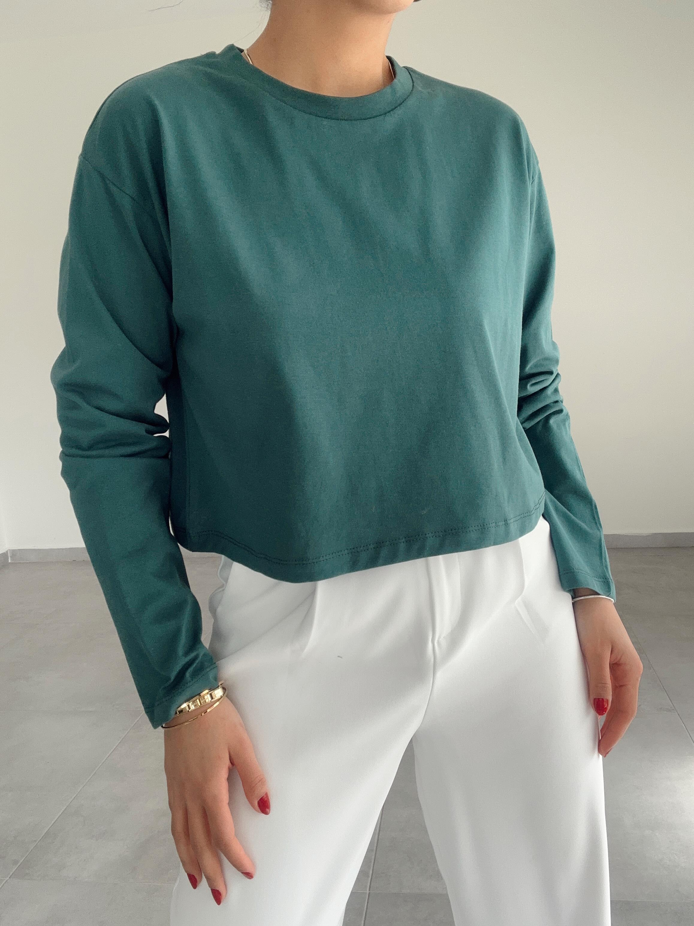 Yeşil Uzun Kollu Crop Tişört