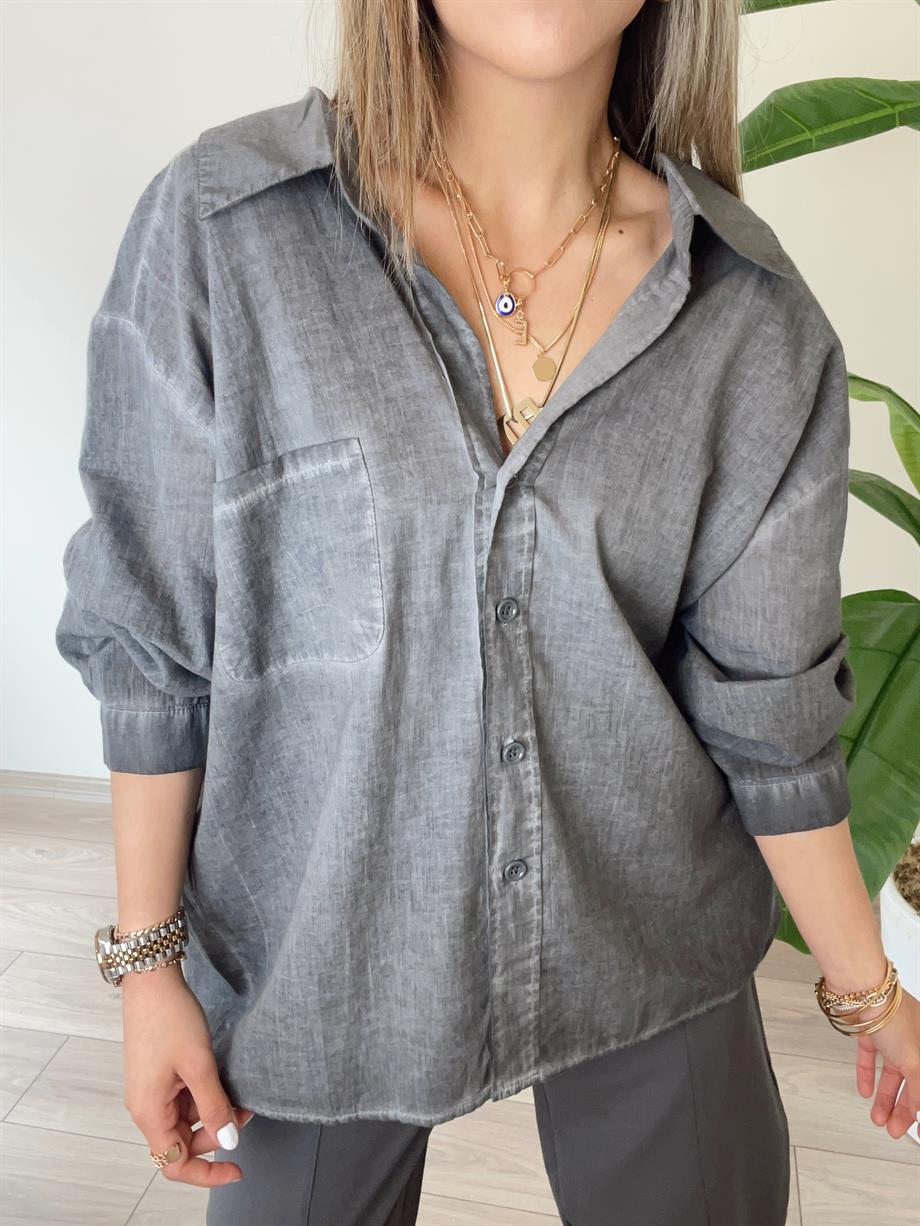 Yıkamalı Gri Düşük Omuzlu Gömlek