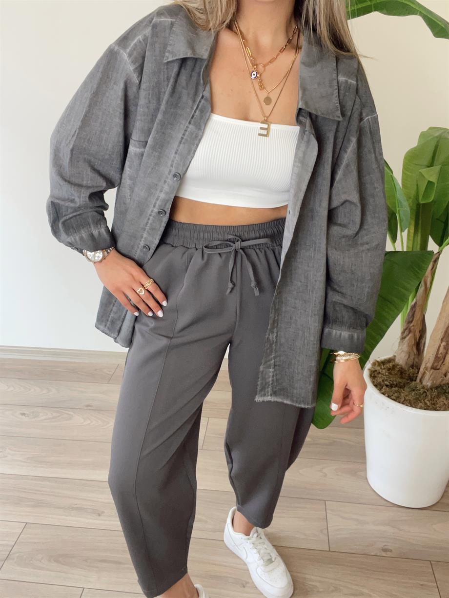 Yıkamalı Gri Düşük Omuzlu Gömlek