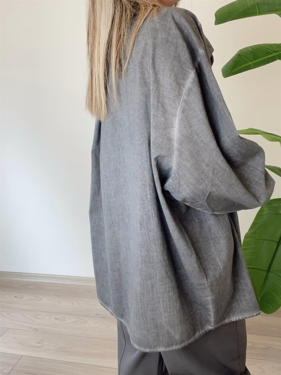 Yıkamalı Gri Düşük Omuzlu Gömlek