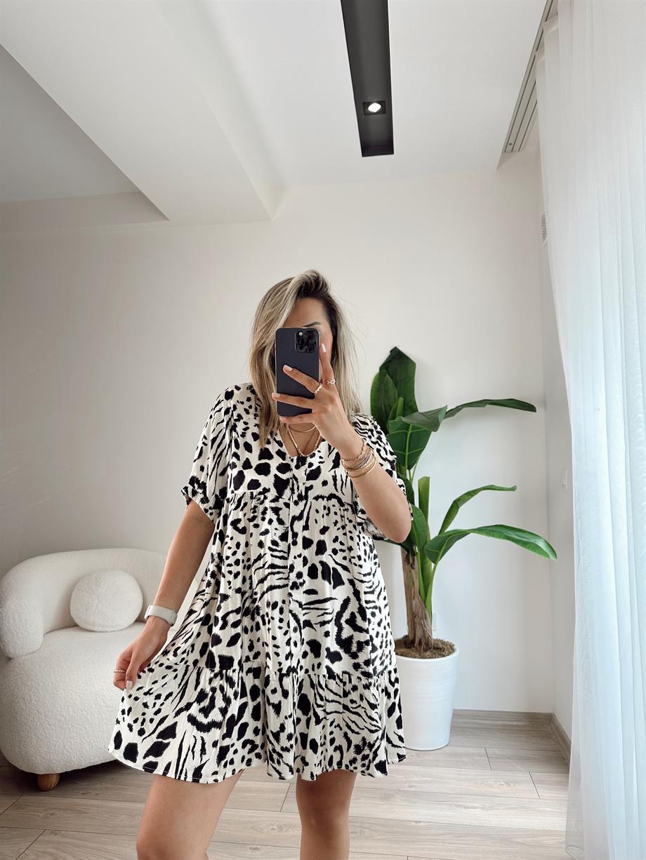 Zebra Desenli Önden Düğmeli Saten Elbise