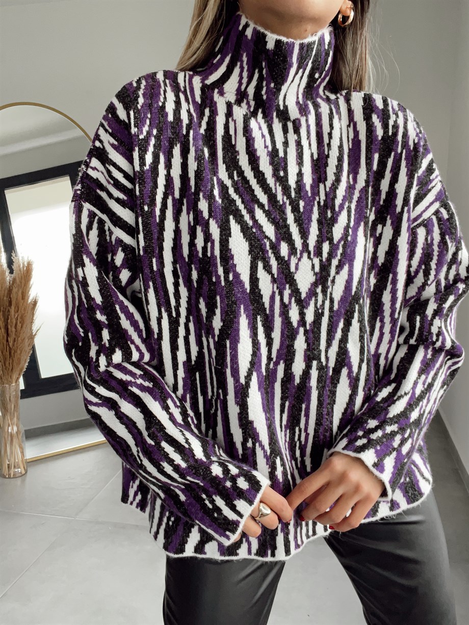 Zebra Desenli Triko Kazak Mor