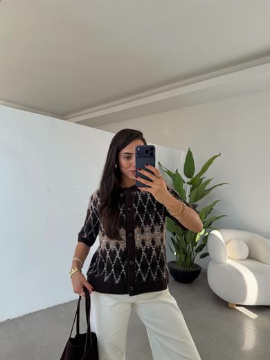 Acı Kahve Baklava Dokulu Triko Hırka