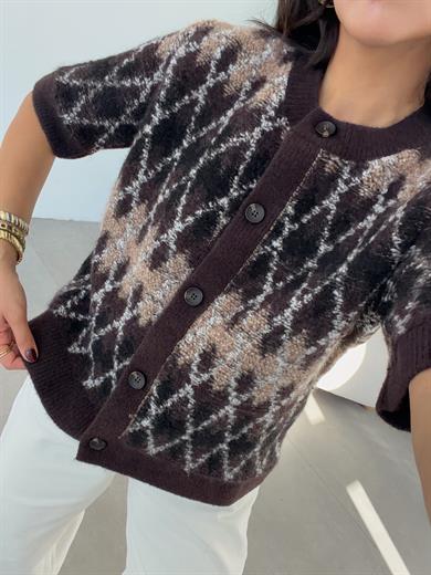 Acı Kahve Baklava Dokulu Triko Hırka