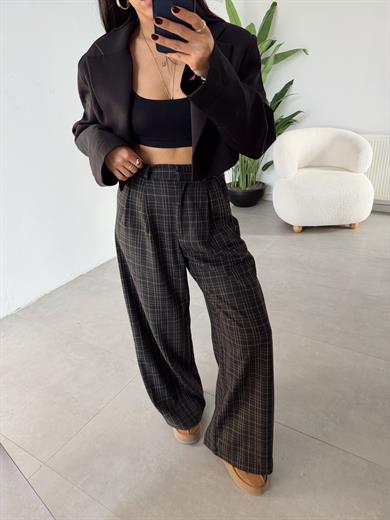 Acı Kahve Ekose Bol Paça Pantolon