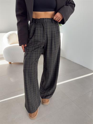 Acı Kahve Ekose Bol Paça Pantolon