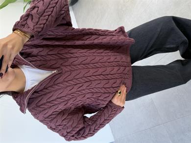 Açık Bordo Saç Örgülü Fermuarlı Kazak