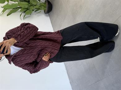 Açık Bordo Saç Örgülü Fermuarlı Kazak