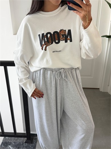 Açık Ekru Kaplan Baskılı Sweatshirt