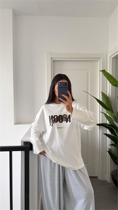 Açık Ekru Kaplan Baskılı Sweatshirt