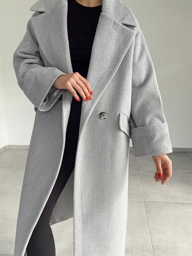 Açık Gri Düğmeli Kruvaze Kaşe Kaban