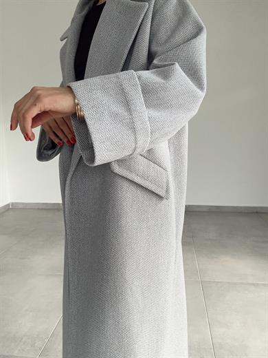 Açık Gri Düğmeli Kruvaze Kaşe Kaban