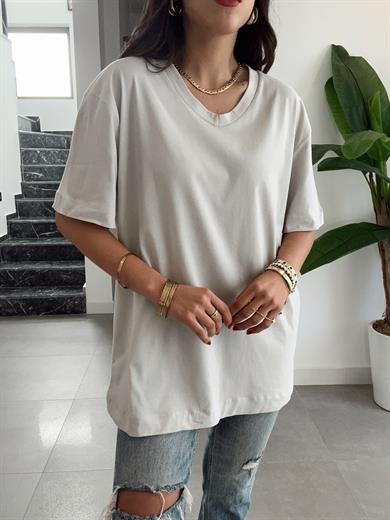 Açık Gri V Yaka Oversize Tshirt