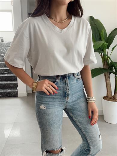 Açık Gri V Yaka Oversize Tshirt
