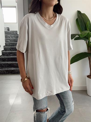 Açık Gri V Yaka Oversize Tshirt