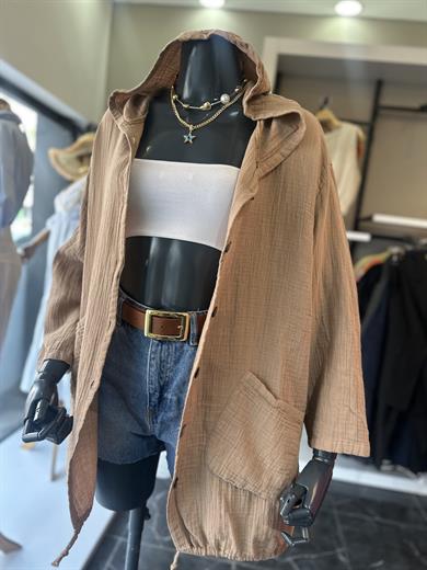 Açık Kahve Cepli Kapşonlu Müslin Gömlek