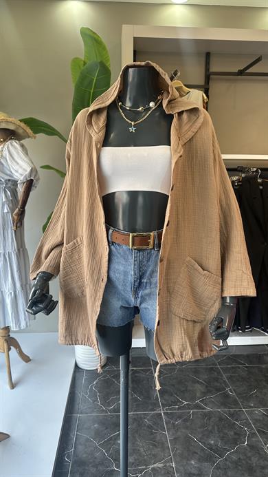 Açık Kahve Cepli Kapşonlu Müslin Gömlek