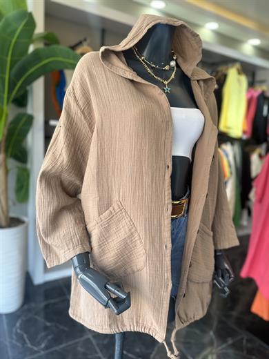 Açık Kahve Cepli Kapşonlu Müslin Gömlek